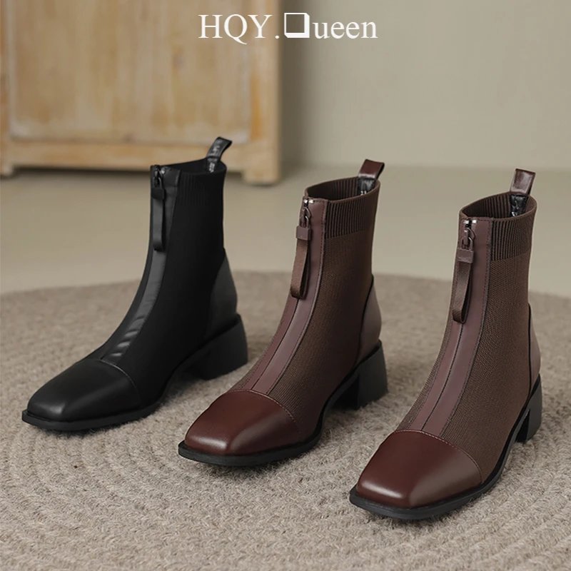 

Женские туфли-лодочки, короткие ботильоны для 2023 года, новые женские ковбойские ботинки, женская обувь из натуральной кожи, роскошная Осенняя обувь на молнии и квадратном каблуке
