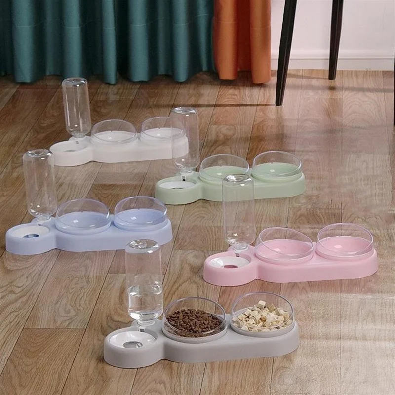 Anti-Tip Double Cat Bowl with Drinking Fountain - Large Diameter, Durable PP+PC Material