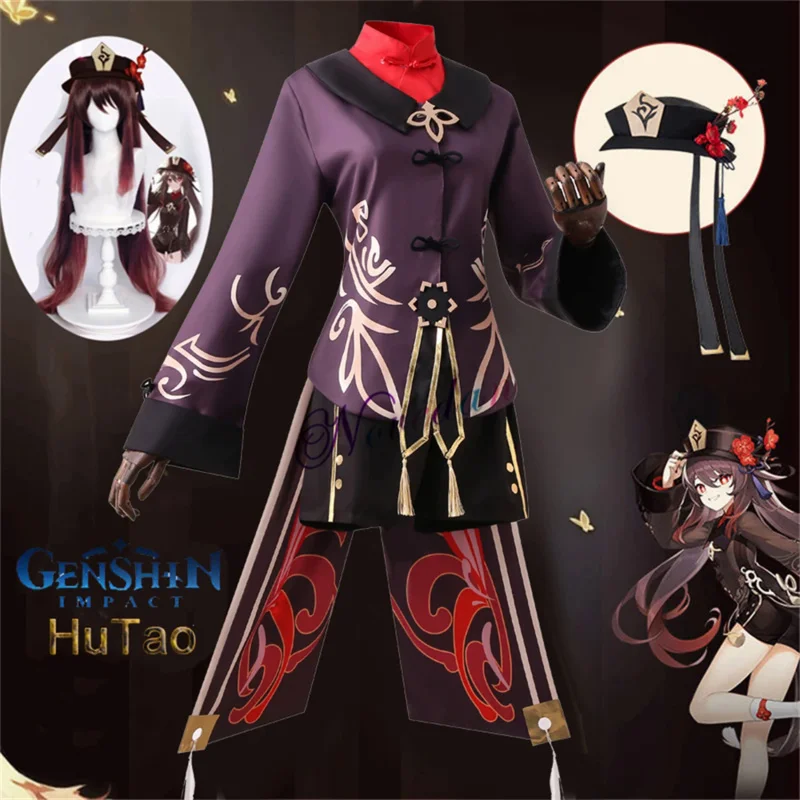 

Genshin Impact Hutao Cosplay Costume Uniform Wig Cosplay Anime Game Hu Tao Chinese Style Halloween Costumes For Women