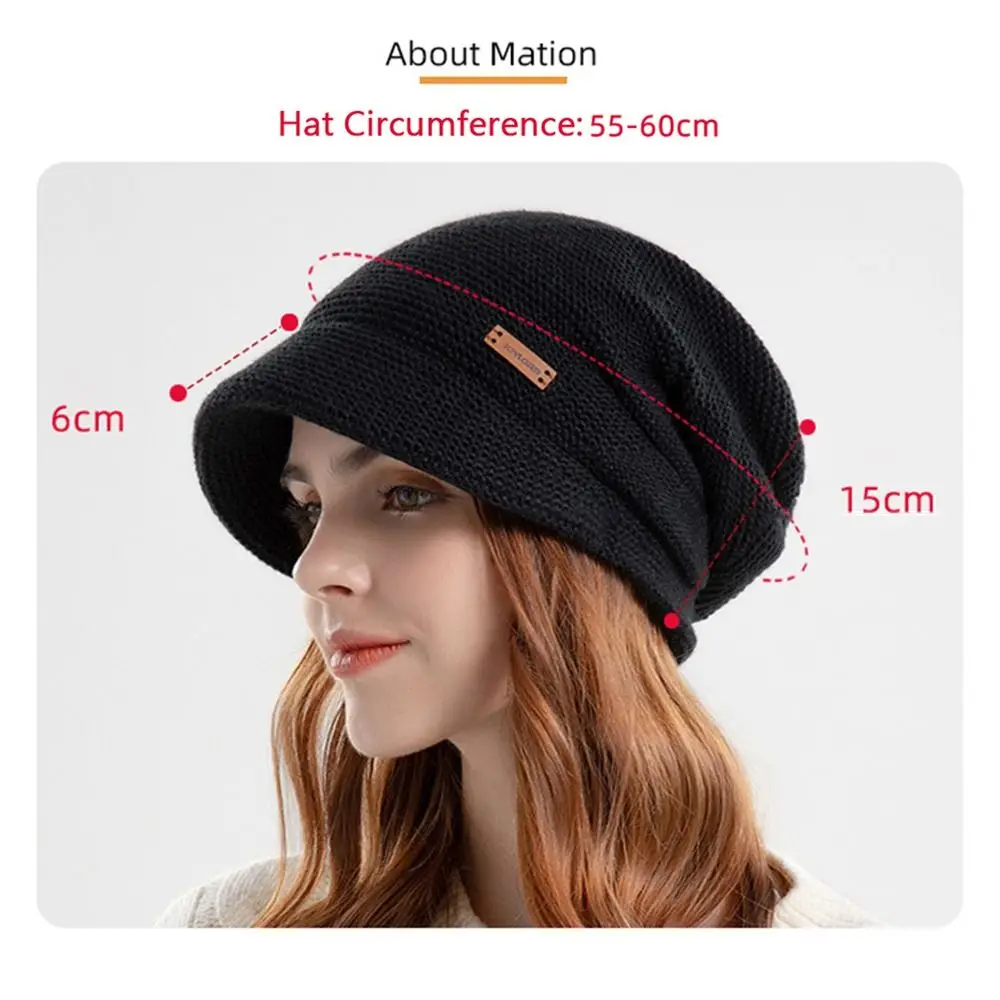 Fleece Lined Knitted Hat Casual Soft Plush Thickened Ear Protection Short Brim Windproof Bonnet Women Girl