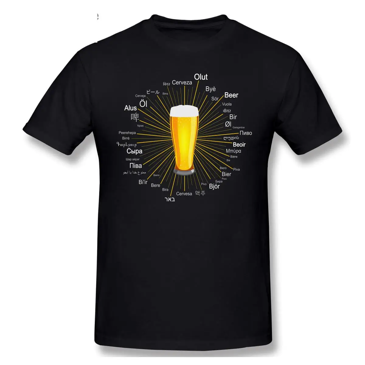 

Word Beer In 45 Different Languages Different Style Men's O Neck Top T-shirts Simple Design Cotton Tops T Shirt