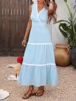 Slim Dresses For Ladies Lace Patchwork Vestido Sleeveless V-link Dress For Wedding Striped Simple Style Women's Clothing Holiday