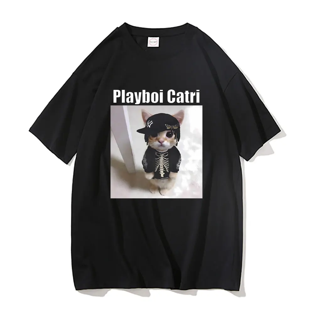 

Футболка Playboi мужская с принтом кошки, повседневная тенниска оверсайз в стиле хип-хоп, хлопковые смешные майки с коротким рукавом