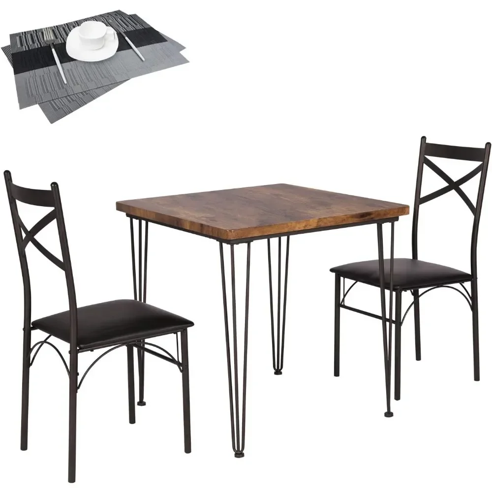 Modern Industrial Style 3-Piece Room Kitchen Pu Cushion Chair Sets for Small Space, Dining Table for 2, Retro Brown