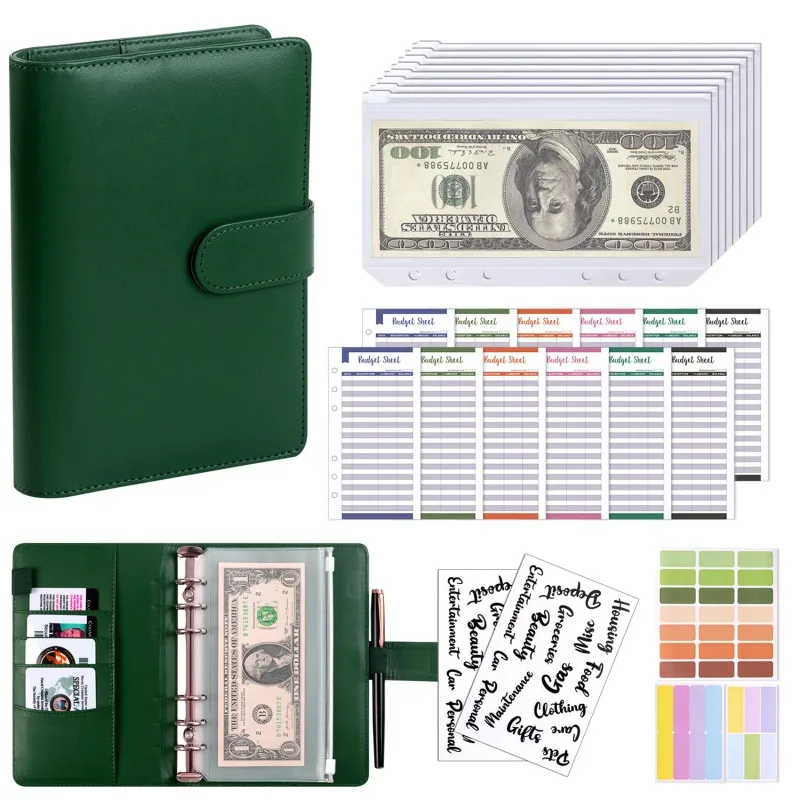 PU Leather A6 Budget Binder with Cash Envelope Pockets & Zipper