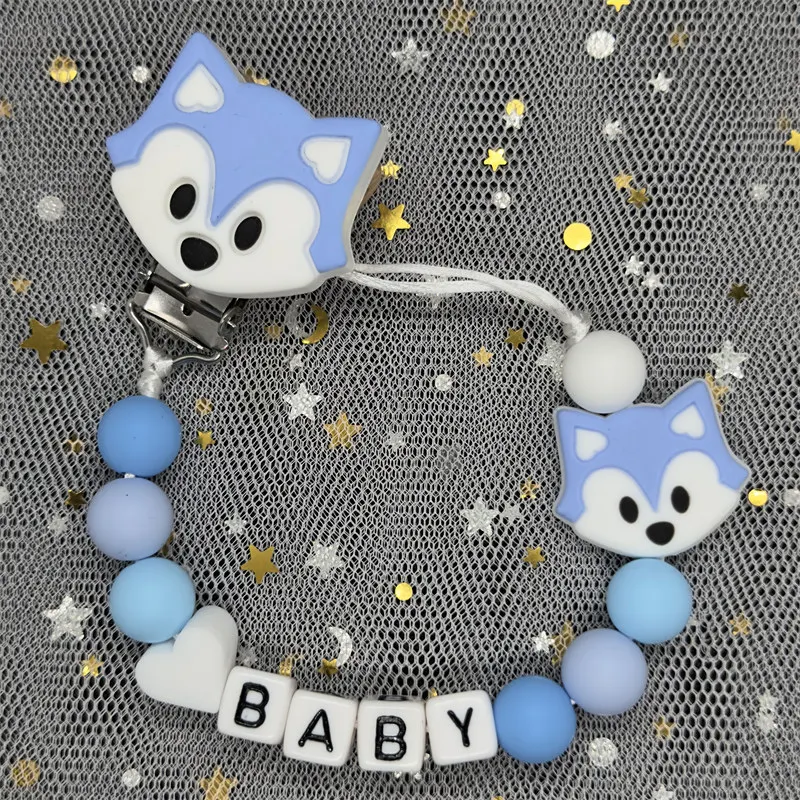 1Pc Free Custom Name Handmade Personalized Baby Pacifier Chain Clip Silicone Fox Beads Dummy Holder Teether Pendant Newborn Gift