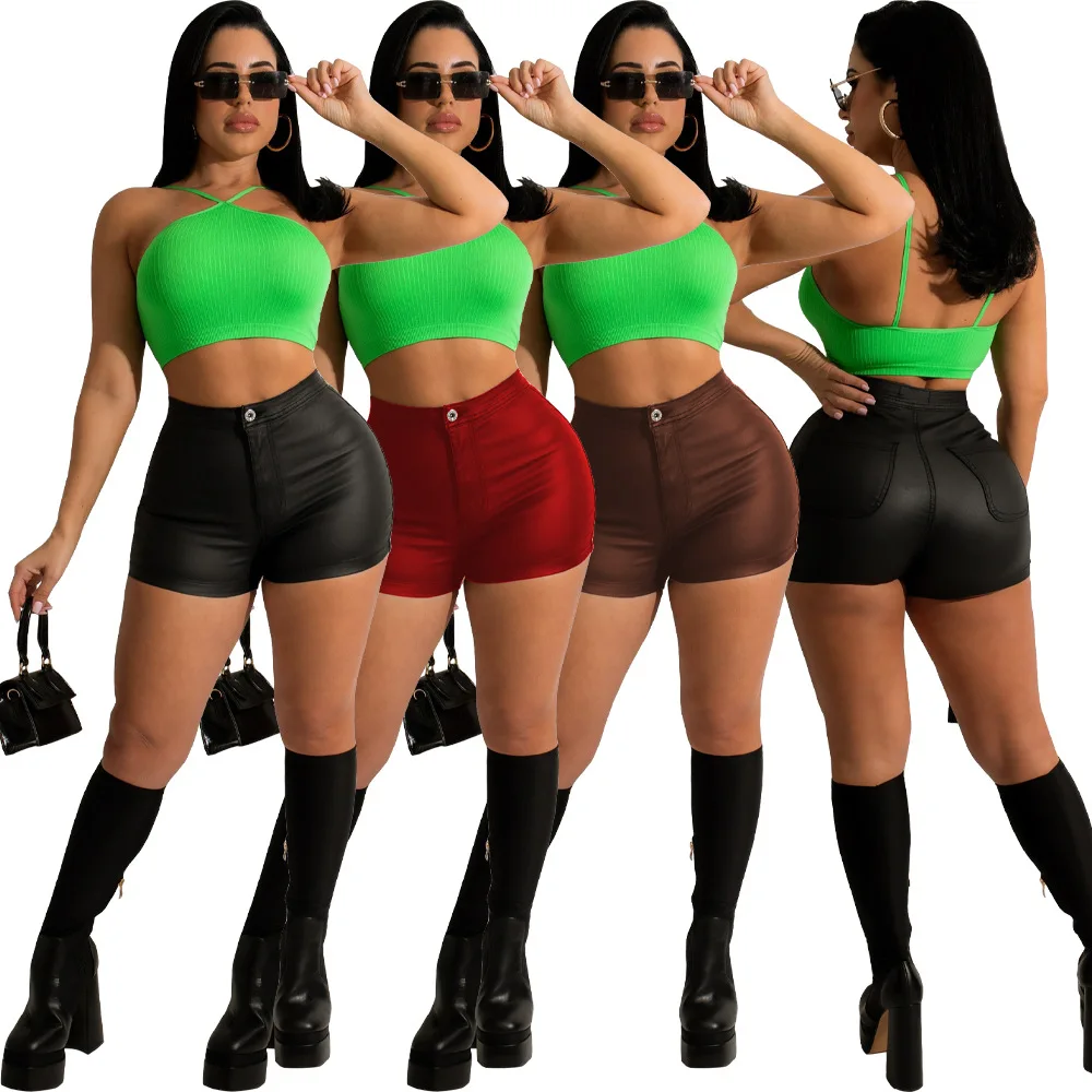 

Women's Shorts Solid Color PU Leather High Waist Button Shorts Sexy Club Party Skinny Women's Shorts 2022 y2k Streetwear Casual
