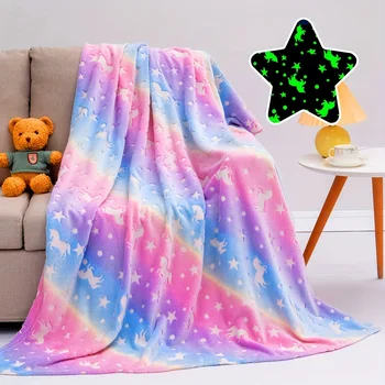 Glow In The Dark Rainbow Unicorn Blanket Cozy Soft Flannel Blanket For Sofa Bed Car Bedding Blanket For Boys Girls Kids Toddlers 2