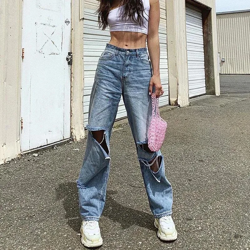 

Straight Denim Pants for Women with High Waist and Torn Knees Loose and Thin Denim Pants Suitable for Summer