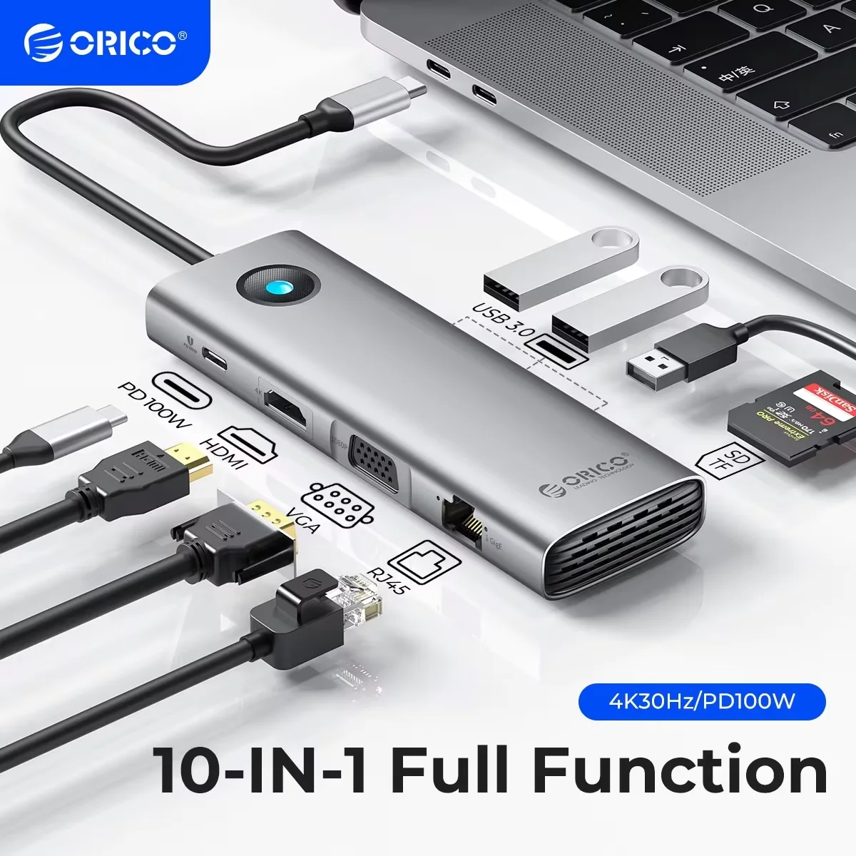 محطة إرساء ORICO من النوع C HUB إلى 4K60 هرتز HDMI متوافقة مع USB 3.0 محول RJ45 PD100W شحن لملحقات الكمبيوتر المحمول Macbook Pro
