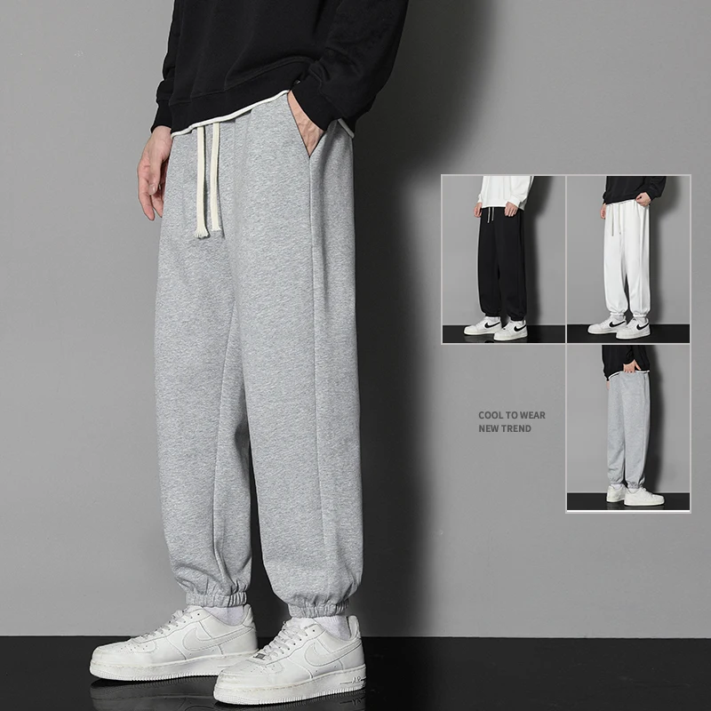 Spring Solid Color Fashion Elastic Waist Sweatpants Man High Street Casual Drawstring Pockets Thin Style Ankle Length Trousers