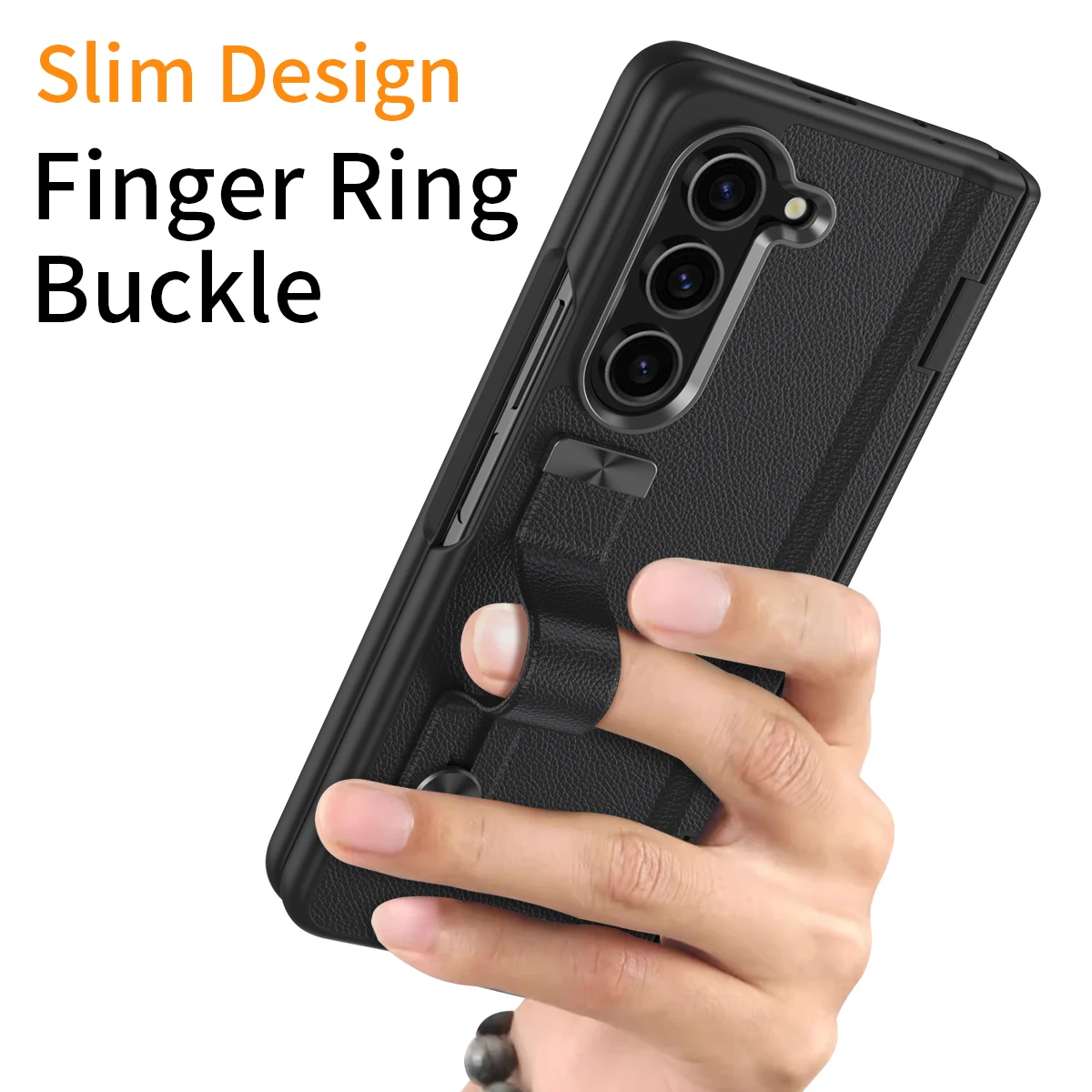 Luxury Ring Holder Leather Fold Phone Case For Samsung Galaxy Z Fold 3 4 5 Wrist Strap Holder Metal Lens Protection Phone Covers