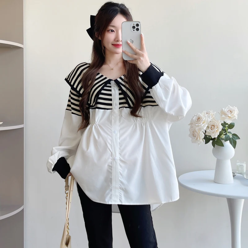 Spring Maternity Shirts Block Color Patchwork Pregnant Woman Blouses Plus Size Pregnancy Faux Two Pieces Tops Striped Shirt