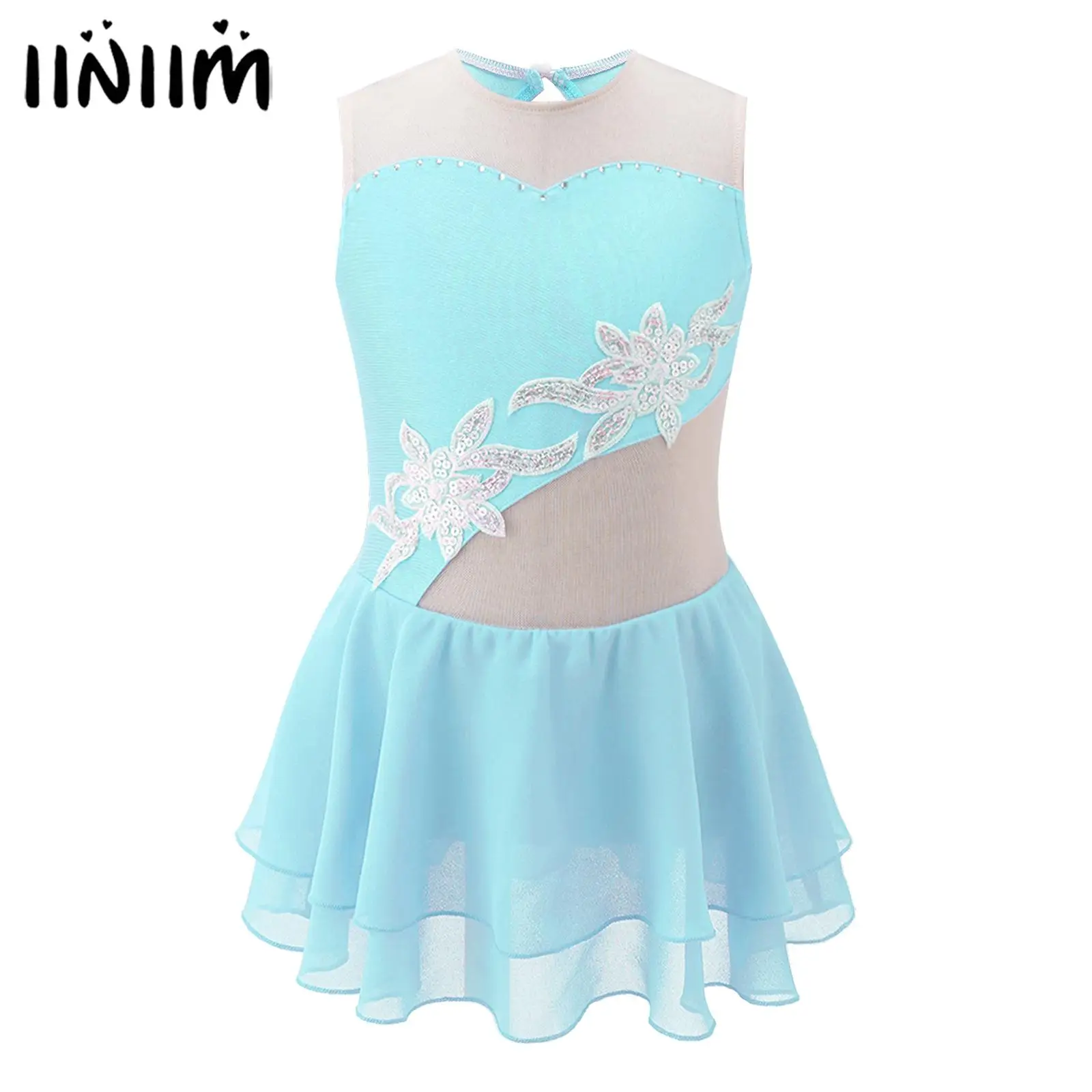 

Детская стильная одежда для девочек, лоскутное платье без рукавов с круглым вырезом и блестящими цветочными украшениями, платье для танцев на коньках