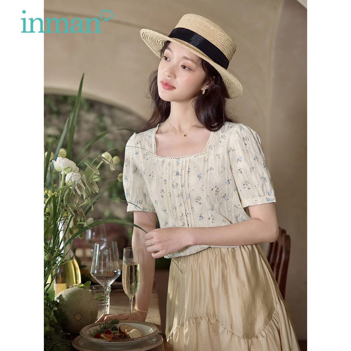 INMAN Women Blouse 2023 Summer Puff Sleeve Lace Square Collar Slim Shirt Blue Floral Print Retro Literary Style T-shirt