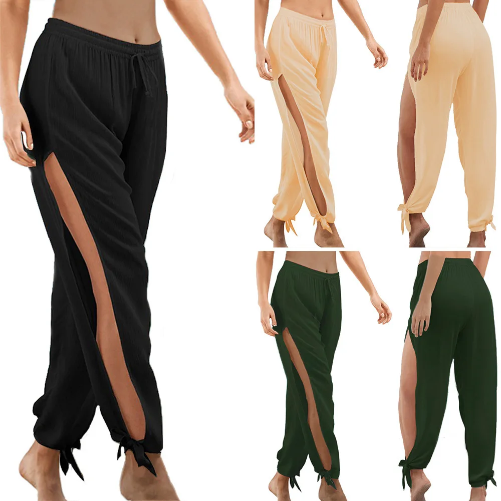 High Slit Hippie Harem Pants Sport Leggings Women Gym Clothing Casual Solid Hollow Elastic Waist Workout Wide Leg Pants Trousers