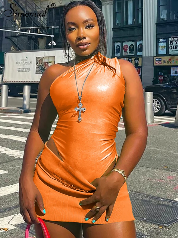 

Simenual One Shoulder Sexy Bodysuit Women Fashion Faux Pu Leather Sleeveless Bodycon Tops Spring Casual Y2k Streetwear Overalls