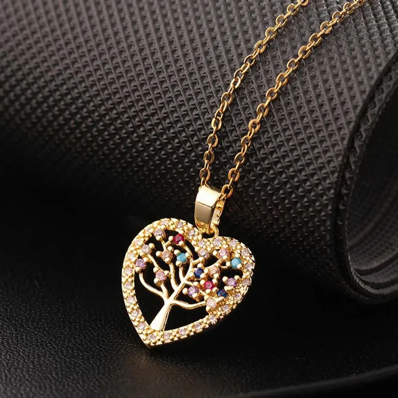 

Ожерелье женское с покрытием из 18-каратного золота, изысканный кулон в форме сердца с кристаллом циркония, растение, дерево жизни, классические модные украшения