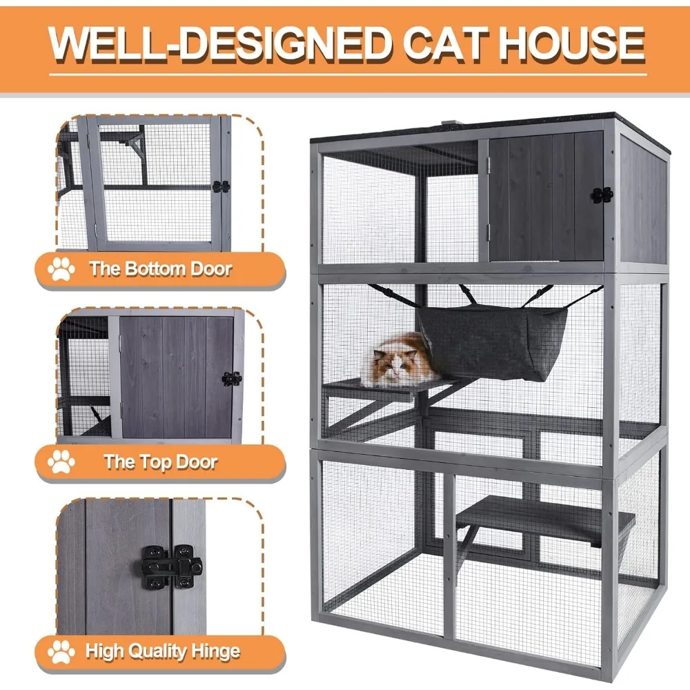 Wooden Cat House, Outdoor 3 Floors Cat Enclosure, Indoor Large Kitten playpen with Hammock，Resting Box, Cage Waterproof Roof