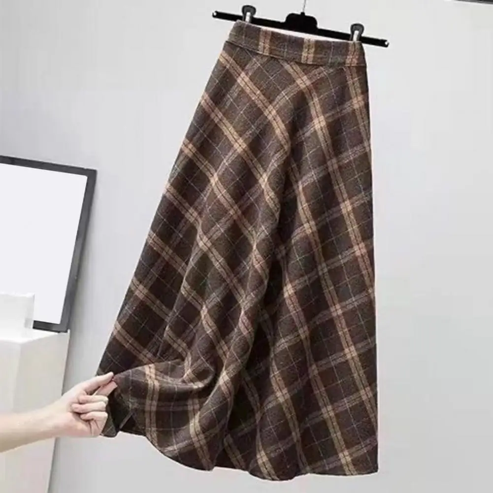 

Work Midi Skirt Plaid Print A-line Midi Skirt with High Elastic Waist Thick Warm Soft Shirring for Fall Winter Women's Fashion