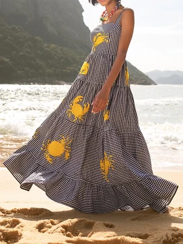 Women s Boho Floral Print Spaghetti Strap Maxi Dress V-Neck Sleeveless Summer Beach Dress with Tiered Skirt and Embroidery 1