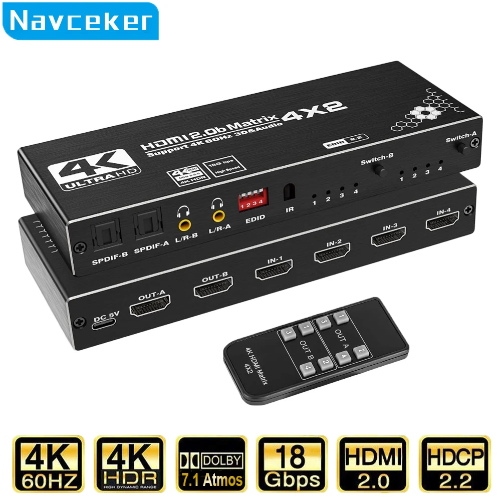 

2023 4x2 HDMI Matrix Switch Splitter 4 In 2 Out 2 In 2 Out with SPDIF L/R 3.5mm HDR HDMI-compatible Switch ARC 4K@60Hz for PS5