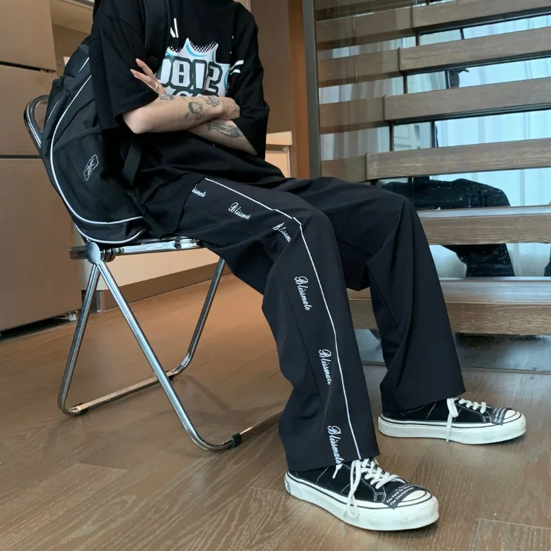 Youthful Vitality High Street Summer Ice Silk Casual Pants Men Elastic Waist Drawstring Letter Simplicit Loose Straight Trousers