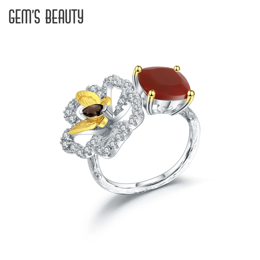 

GEM'S BEAUTY Butterfly On Flower Finger Rings For Women Adjustable 925 Sterling Silver Ring Bijoux Natural Gemstones Red Agate