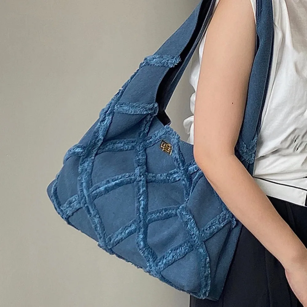 빈티지 데님 캔버스 숄더백, Y2K 스타일 스트리트 캐주얼 토트백, 대용량 카우보이 스플라이싱 핸드백 지갑