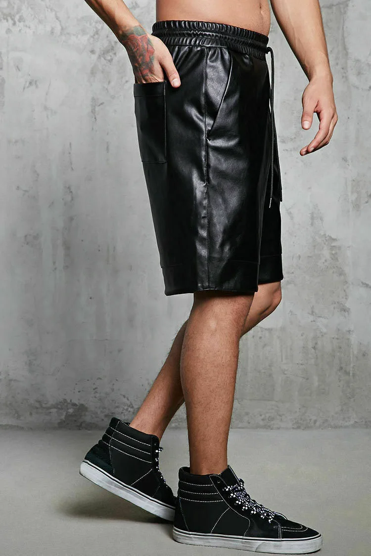 New Solid Color PU Leather Pants Casual Men's Short Leather Pants Summer Fashion Trend Club Punk Style Shorts for 4