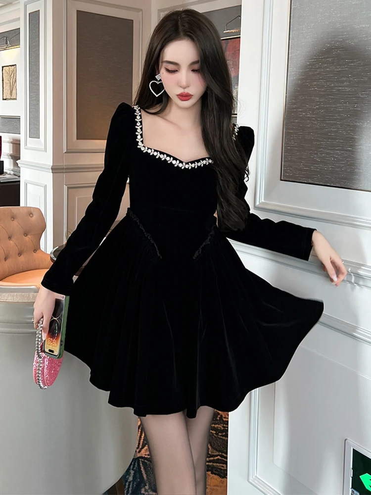 Spring Mini Dresses for Women 2023 Princess Cute Black Dress Velvet Puff  Sleeve Diamonds Ball Gown Femme Party Feast Birthday - AliExpress