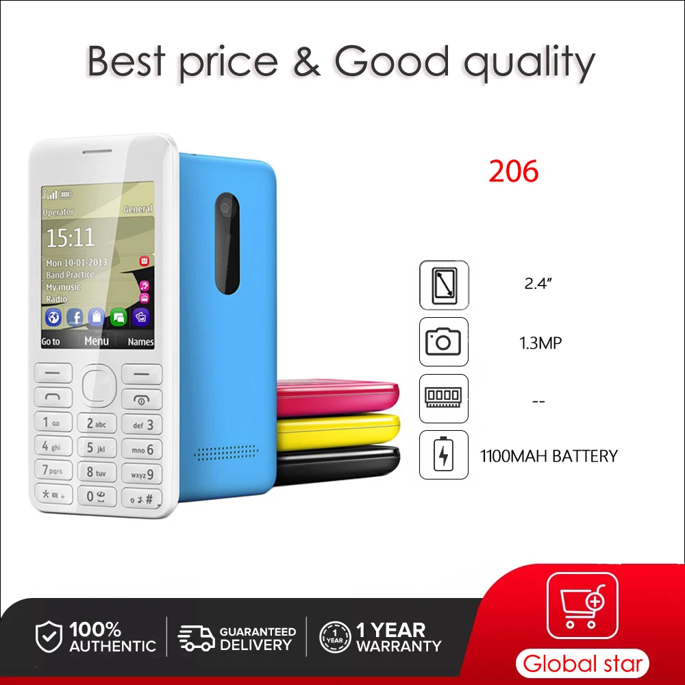 Teléfono Móvil desbloqueado 206, 2G, 2060, Dual SIM, ruso, árabe, hebreo, inglés, teclado hecho en Finlandia, envío gratis