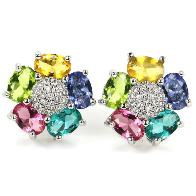 Customized 925 SOLID STERLING SILVER Earrings Multi Color Peridot Aquamarine Tourmaline Citrine Tanzanite Red Ruby CZ Ladies Pre