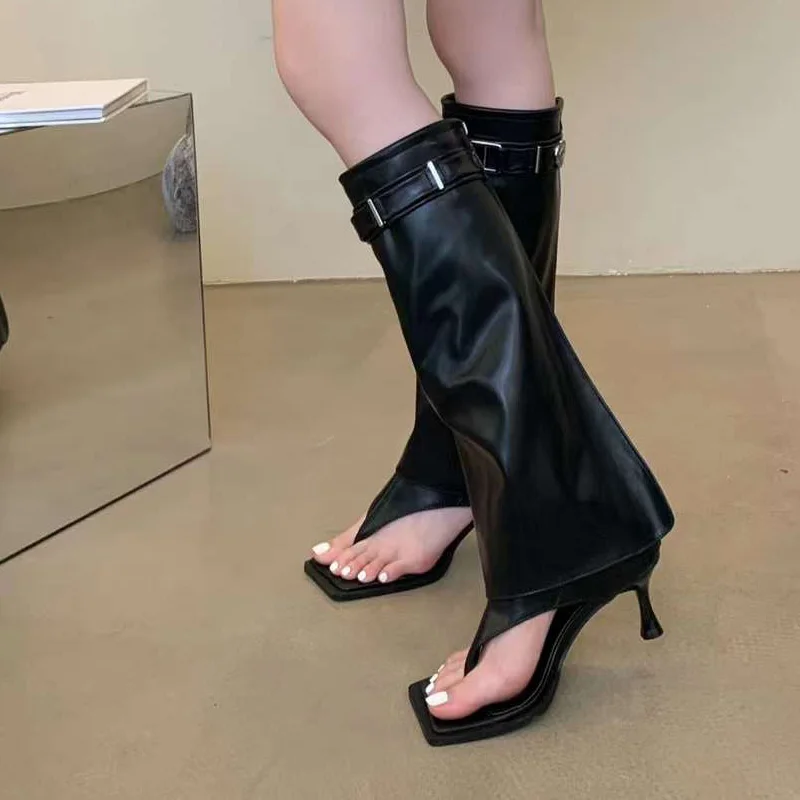 Women Thong Shoes Black Summer Boots Low Heel Flip Flops Knee-High Boots Sexy Zipper Clip Toe Sandals Ladies Buckle Shoes