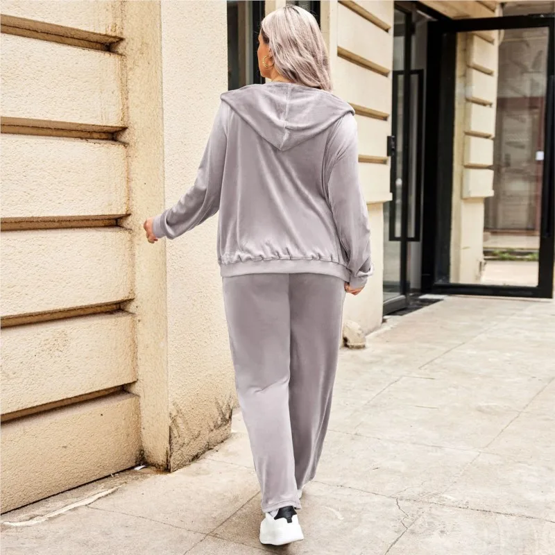 طقم مكون من قطعتين كاجوال أنيق للنساء جاكيت فضفاض بلون سادة مع قلنسوة + سويت شيرت رياضي برباط للسيدات