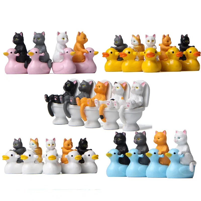 Cute Animal Cat Sitting On Toilet And Small Yellow Duck Miniature Handicraft Decorations Landscape Home Garden Decoration Toys