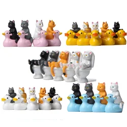 Cute Animal Cat Sitting On Toilet And Small Yellow Duck Miniature Handicraft Decorations Landscape Home Garden Decoration Toys