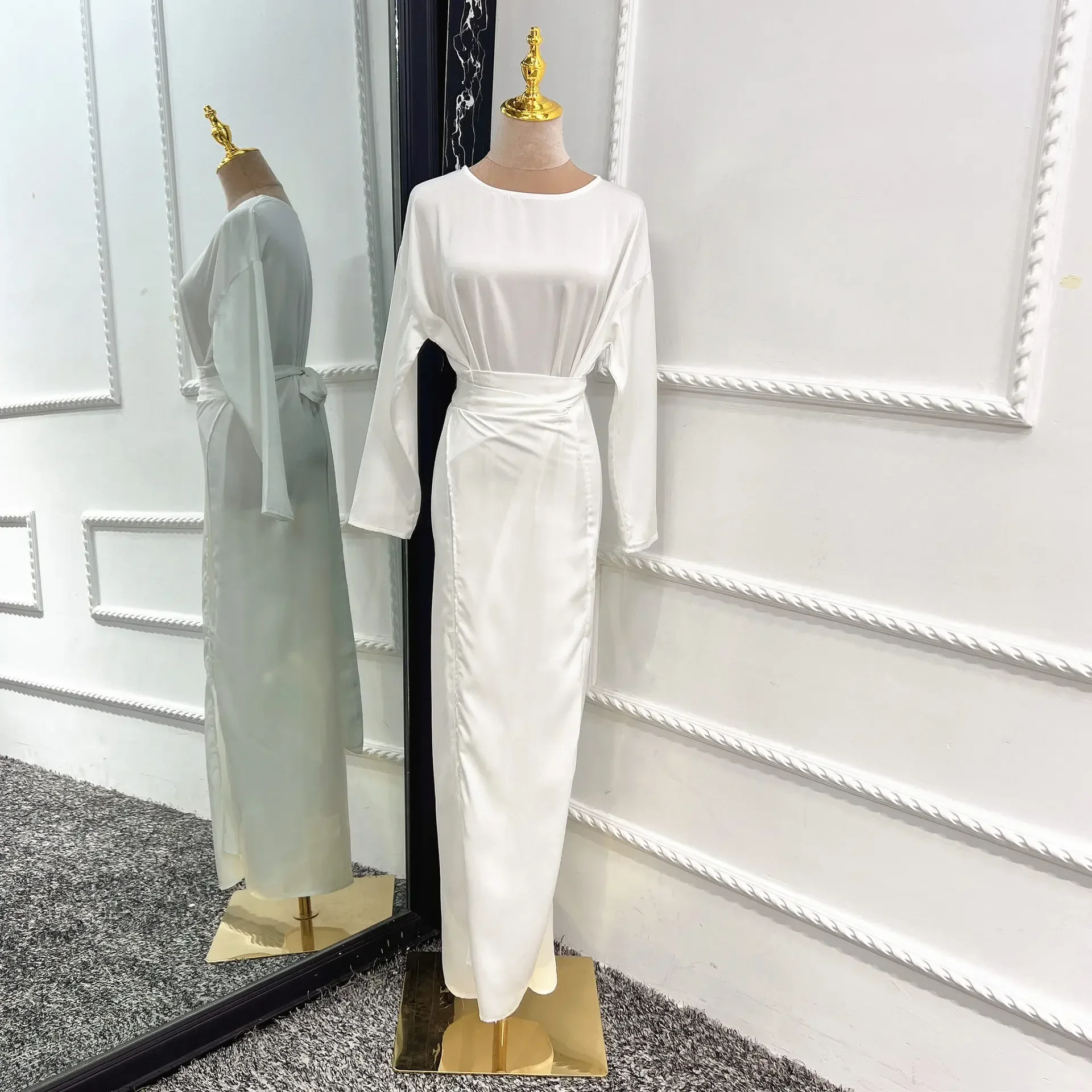 

White Silky Satin Abaya Inner Dress with Wrap Skirt Arabic Long Muslim Dresses for Women Dubai Turkey Islam Modest Outfit Kaftan