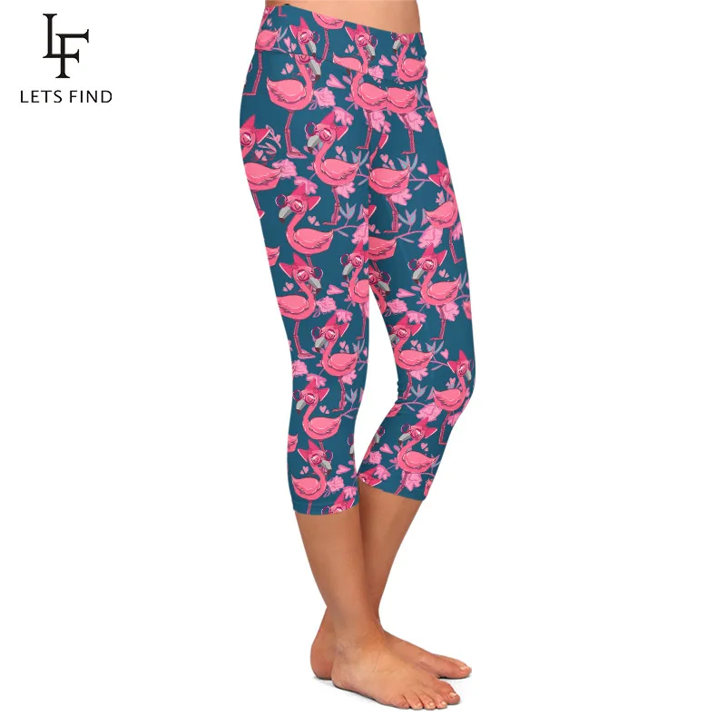 LETSFIND Summer New 3D Hand Drawn Cute Pink Flamingo Print Women Capri Leggings High Waist Soft Fitness Leggings