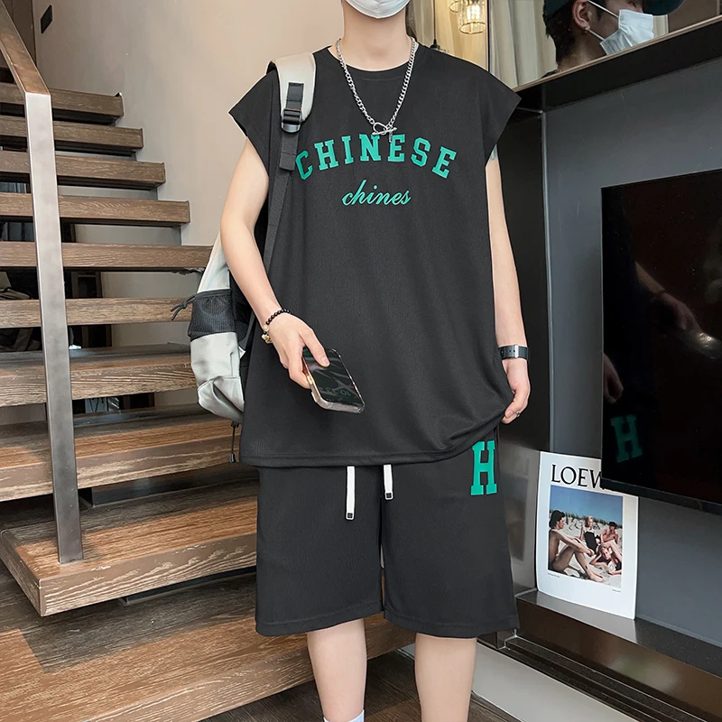 Summer New Loose Men Suits American Street Breathable Sets Casual Sleeveless T-Shirt and Shorts Set Male Sports Suit Tracksuit 4