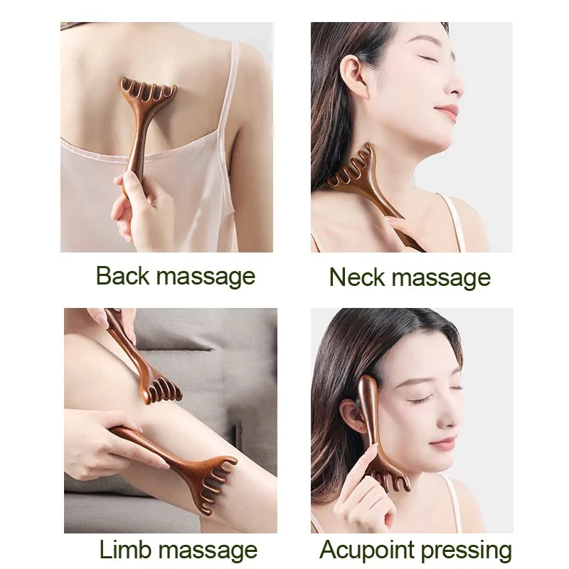 Pente de madeira para massagem meridiana, promove a circulação sanguínea, massageador corporal antiestático com 6 garras, ferramenta Gua Sha AMS05_voghion.com