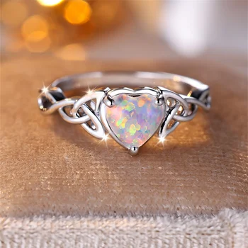 Mystic White Fire Opal Rings For Women Antique Gold Silver Color Leaf Infinity Wedding Bands Heart Engagement Party Jewelry Gift