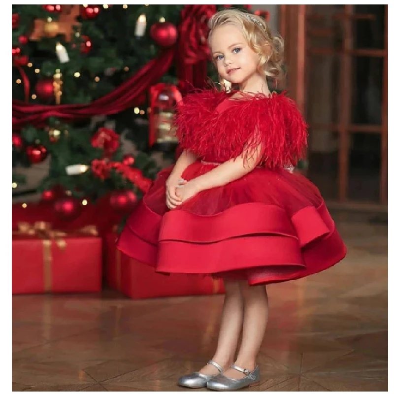 

Orgeous Flower Girl Dress Little Princess Gown Feather SBirthday Christmas Party Dress Kids Clothes Communion Gifts Celebration
