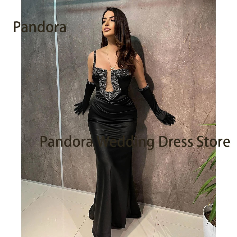 

Pandora Black women's long evening dress Merman Pearl beaded pleated halter square collar birthday foemal party ball gown