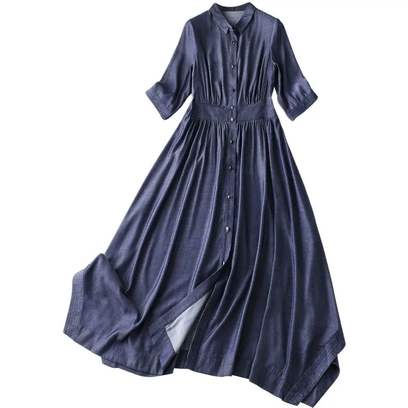 

Длинное джинсовое платье Tencel, однобортное, с коротким рукавом, с открытыми лацканами, осень 2023 г.