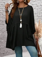 Plus size solid color black female round neck bat wing sleeves loose shirt waterfall top