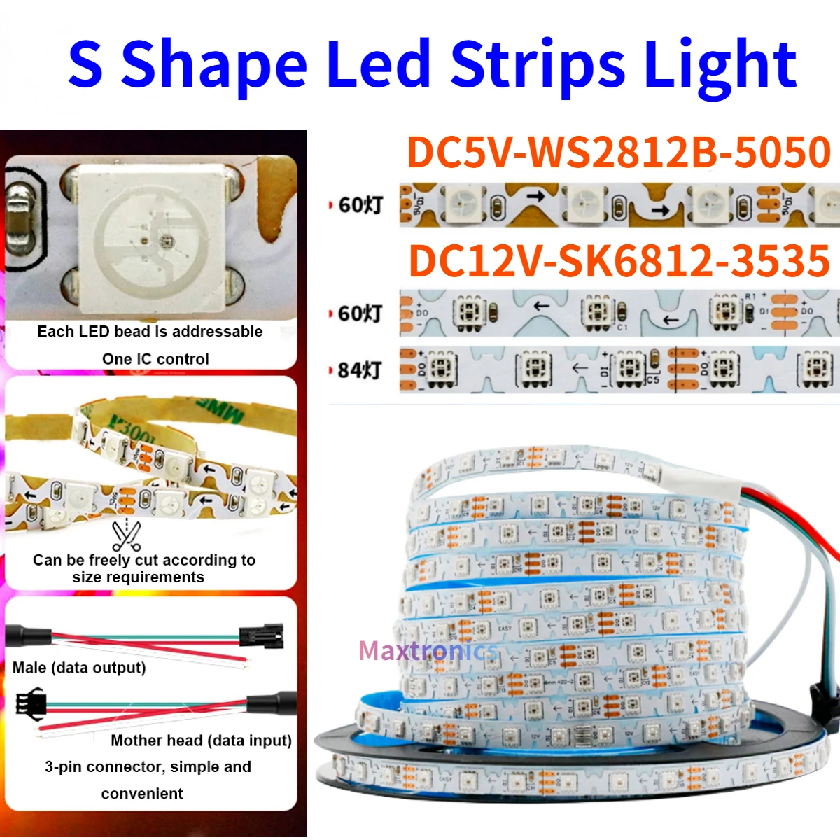 

Гибкая S-образная лента WS2812/SK6812, 5 метров, 60/84 светодиода/м, 6 мм, RGB, 5/12 В постоянного тока