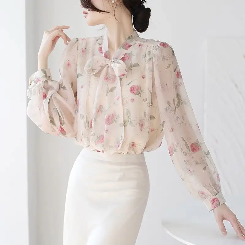2023 New Spring and Summer Vintage Fashion French Print Lace Up Bow Tie Bubble Sleeve Commuter Simple Versatile Women's Shirt