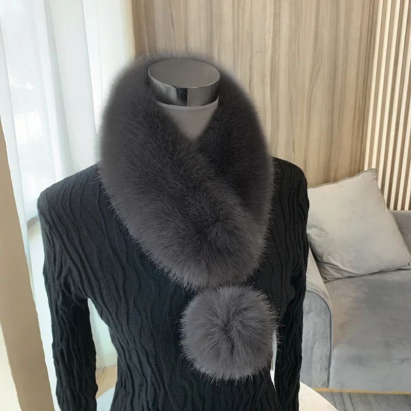 New Women Fur Winter Scarf Short Thick Plush Fluffy Cute Scarf with Big Pompom Winter Fur Collar Solid Color Neckerchief 5
