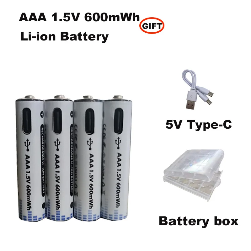 

AAA, 1.5V, 600mWh, rechargeable lithium battery for remote control, lithium-ion battery, USB fast charging, camera, electric toy